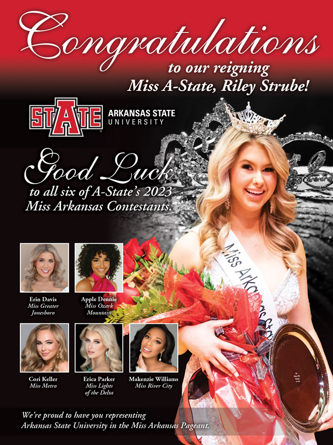 Congratulations ad to A-State representatives to Miss Arkansas Pageant