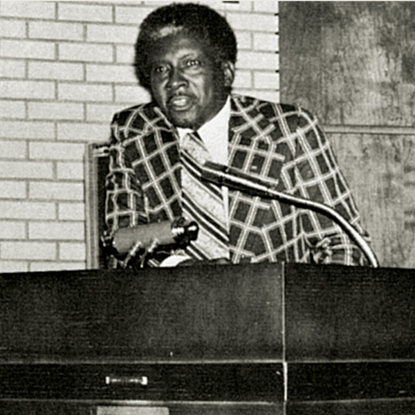 Walter Strong speaks to students during Black History Week in 1974