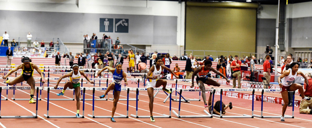 Sharika Nelvis takes the lead during the Indoor Track and Field Championships