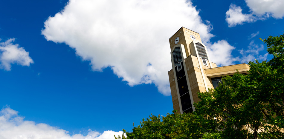 The clock tower of the Dean B Ellis Library