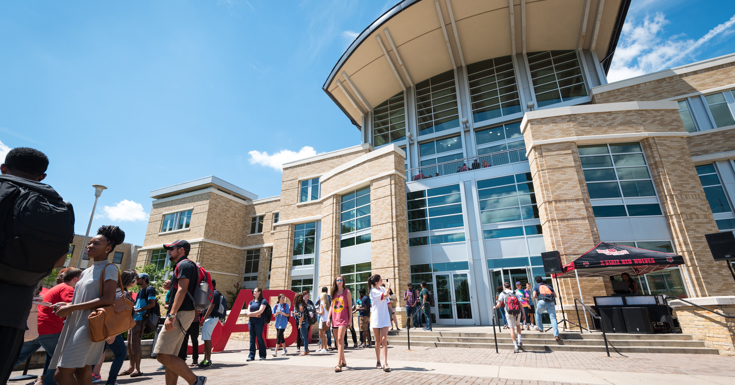 Students gathering in front of the Student Union