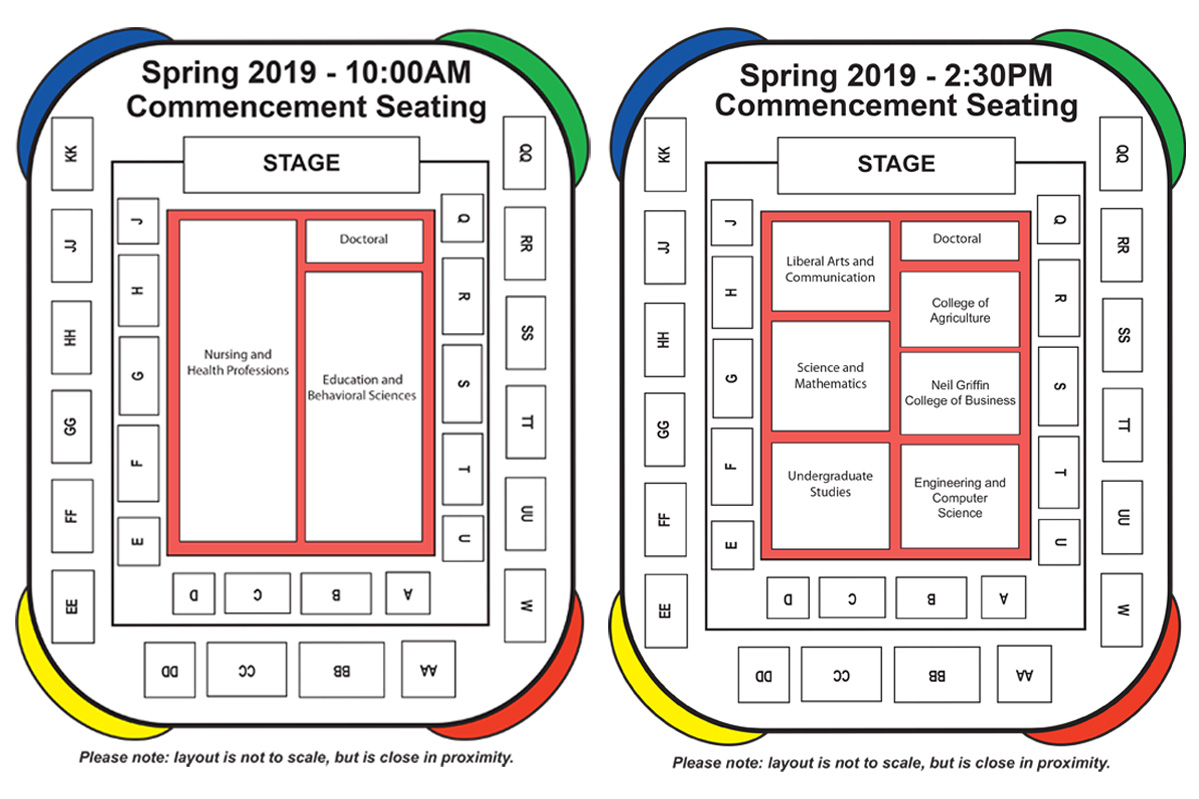The 2019 Commencement Seating Chart.  Check with an attendant at the arena for more information.