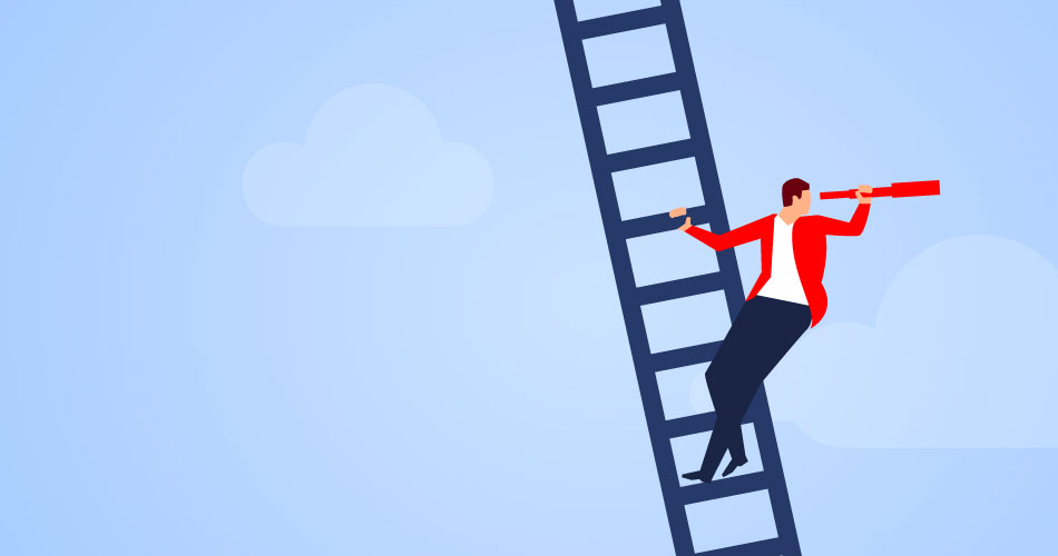An illustration of a character climbing a ladder with an eyeglass