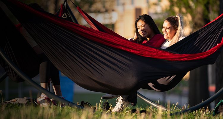 Two students studying in hammocks on campus