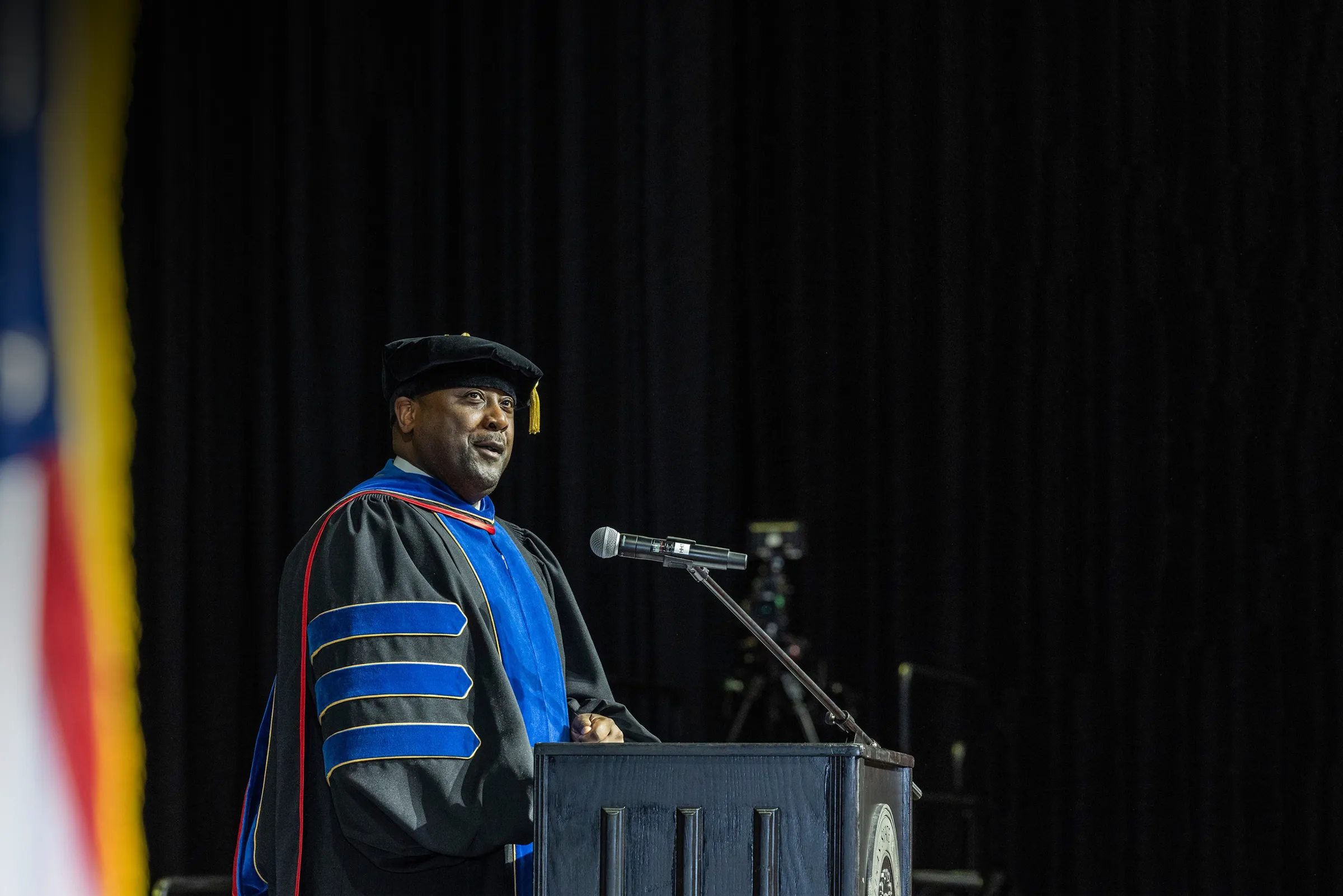 Chancellor Calvin White addresses graduates at commencement.