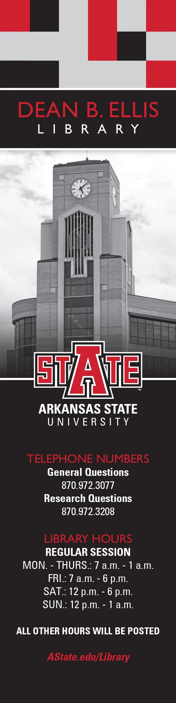 A Dean B. Ellis Library sample bookmark with library hours and contact information