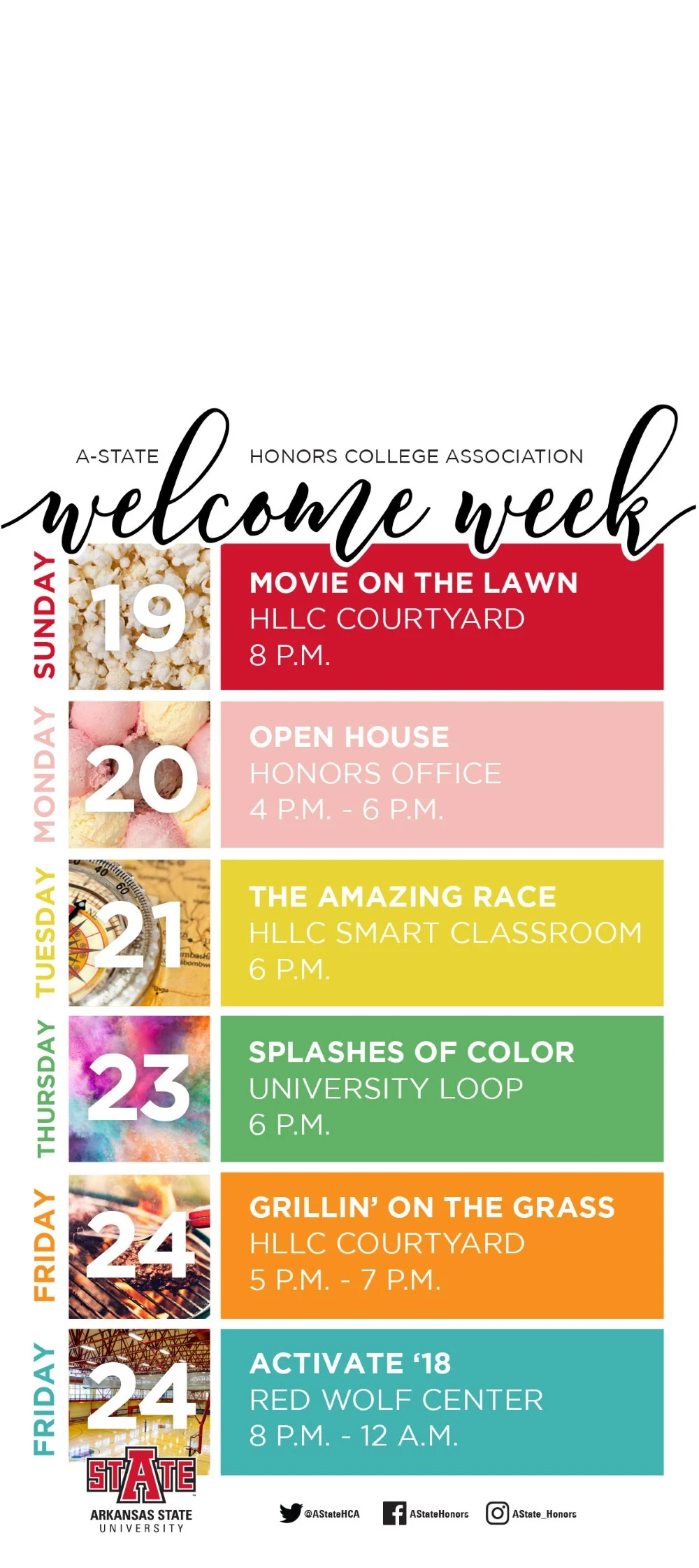A sample door hang tag with a schedule of welcome week events