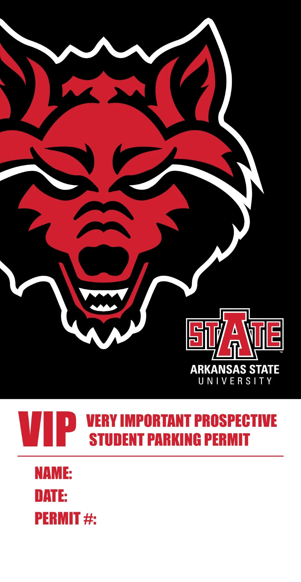 A sample parking hang tag for Very Important Prospective Student Parking Permit