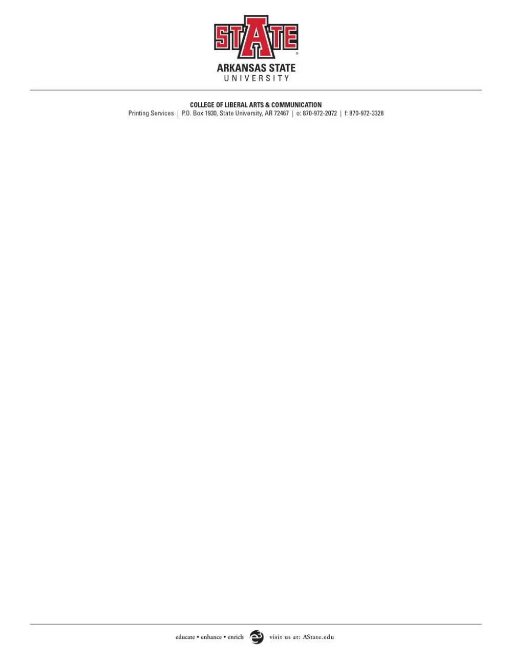 A sample A-State letterhead for Printing Services