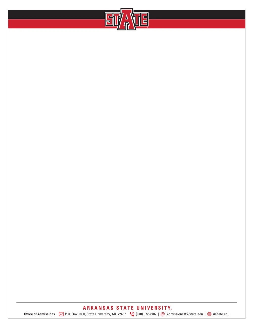 A sample letterhead for A-State Admissions