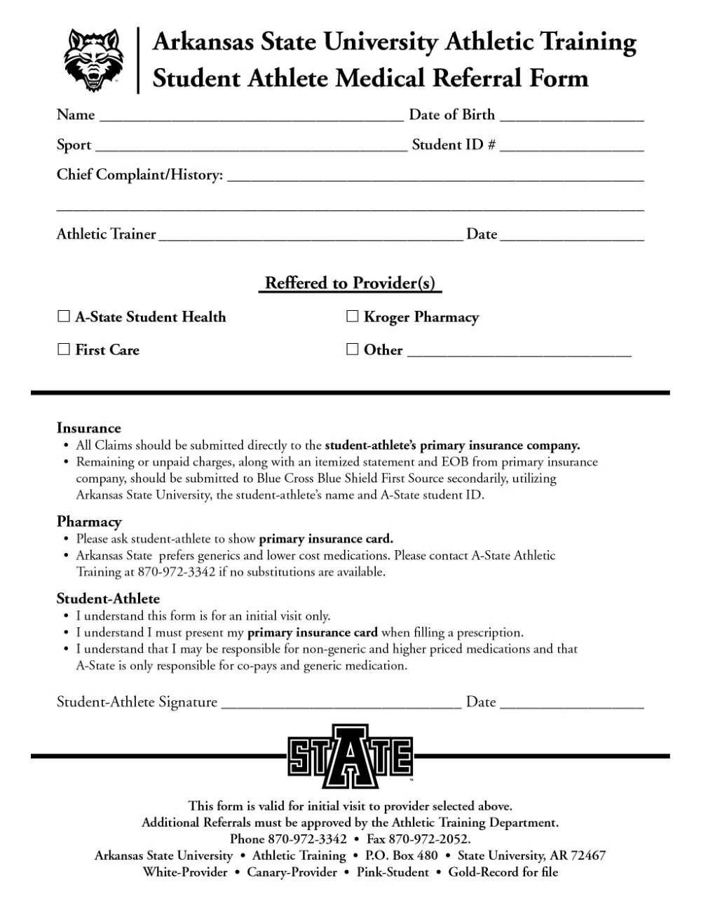A form for student athletes to fill out to recieve a medical referral