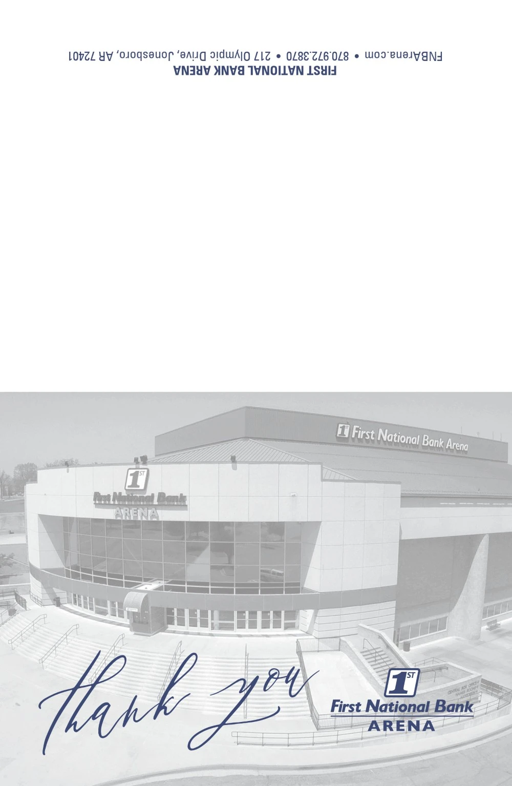 A sample thank you note card from FNB Arena