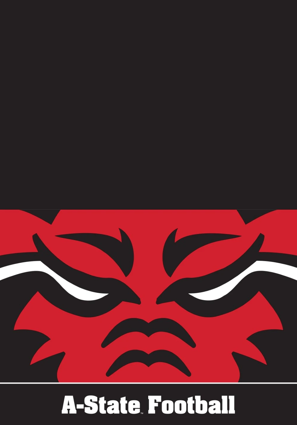 A black sample notecard for A-State Football and a much larger red wolf logo