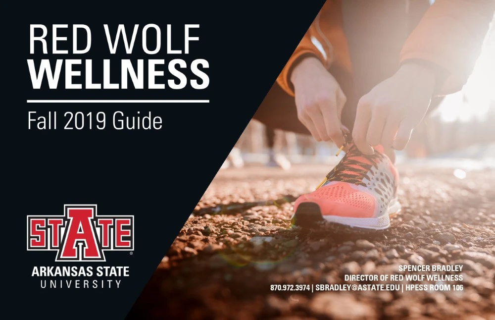 A sample postcard for Red Wolf Wellness, a person tying a shoe with the text Red Wolf Wellness and contact information for the program