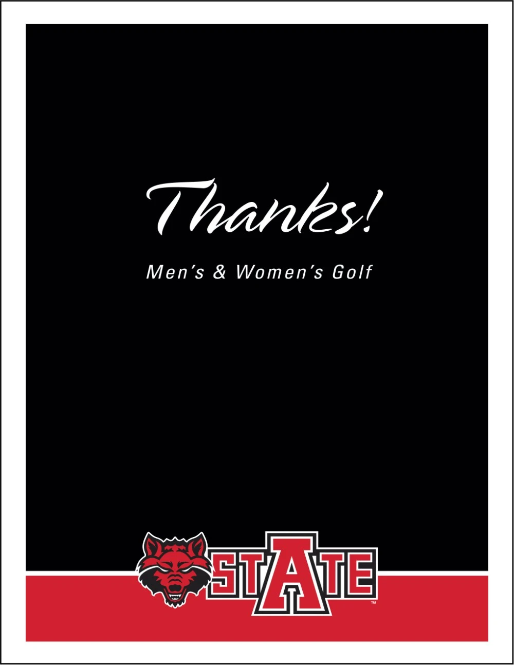 A sample thank you post card from the A-State Men and Women's Golf program