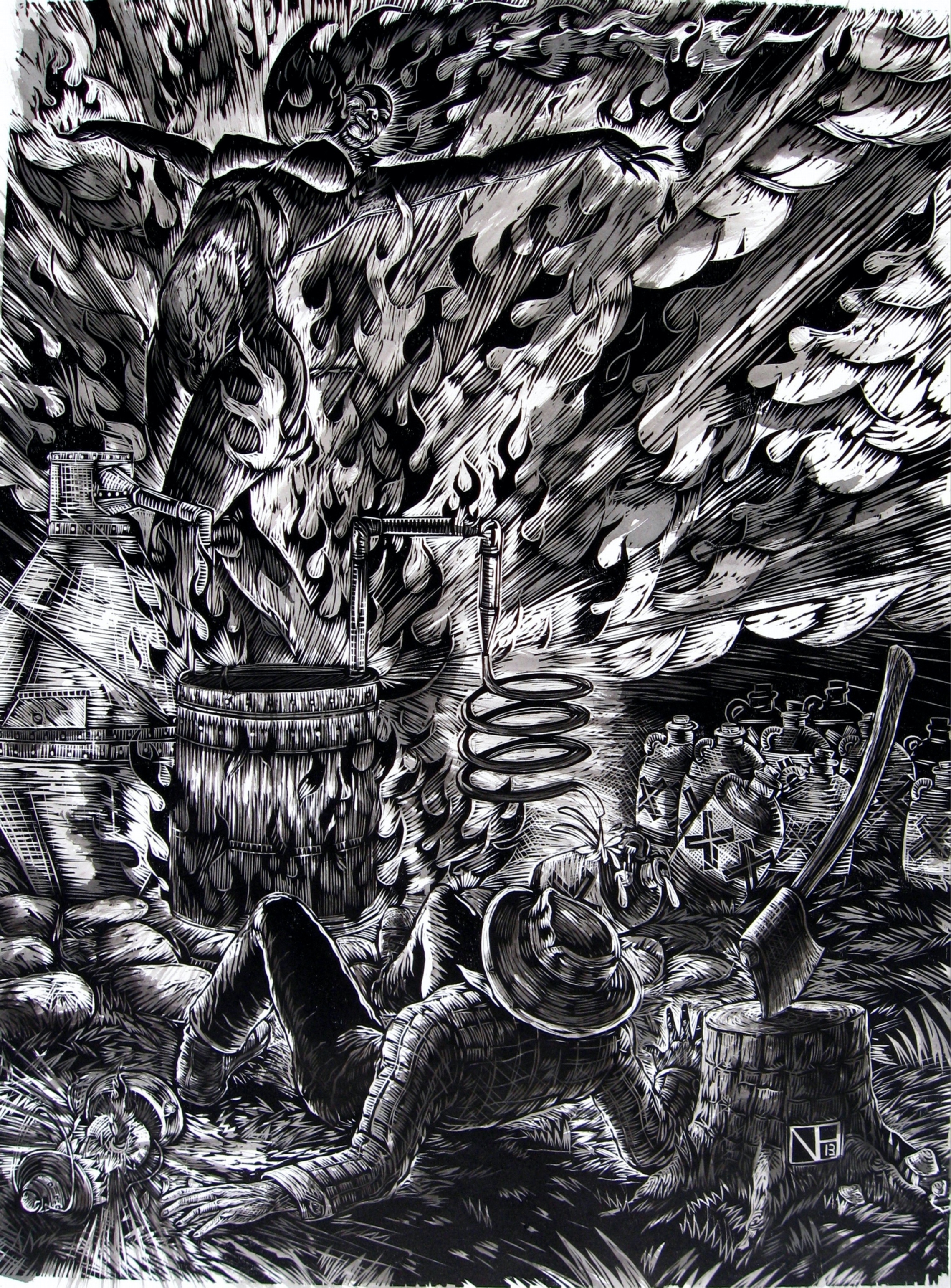 black and white woodcut depicting a man who has fallen back, overwhelmed by a flaming female figure rising from a moonshine still in front of him.