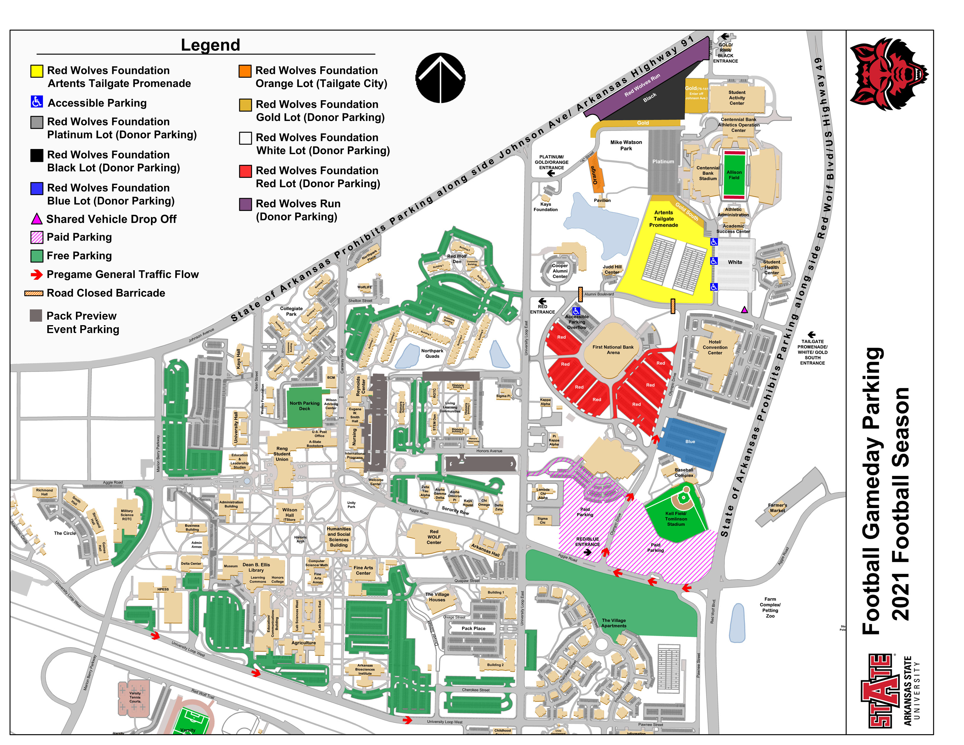 A campus map highlighting surface parking options