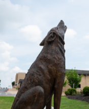 Outside statue of howling wolf