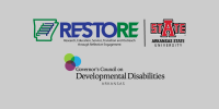RESTORE Hub and A-State and Governor's Council On Developmental Disabilities logos combined