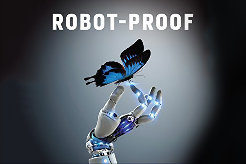 Artwork from the book cover, a robot hand holding a butterfly