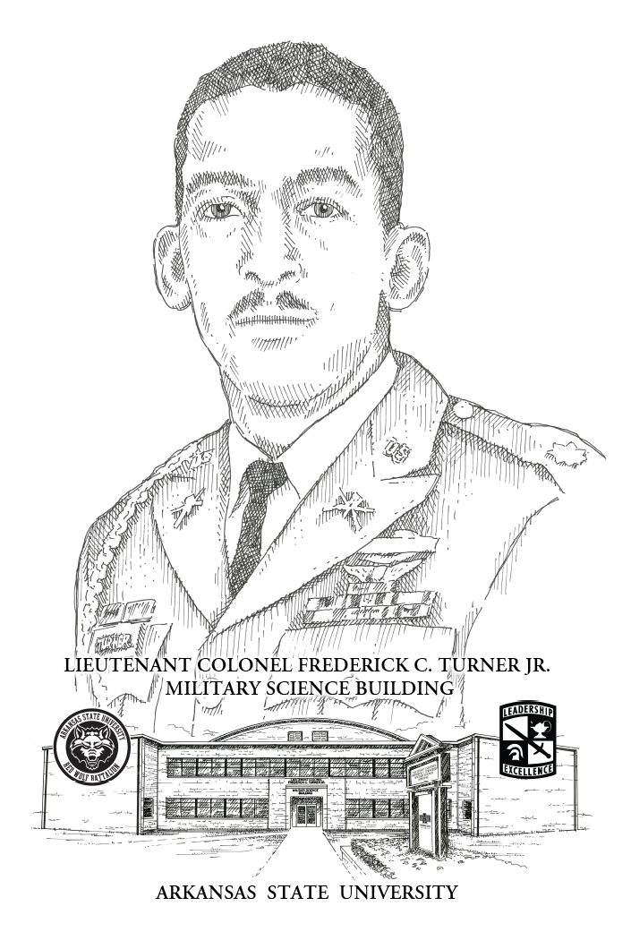 a sketch of Lt. Col. Fredrick C. Turner, Jr. positioned above the Military Science Building
