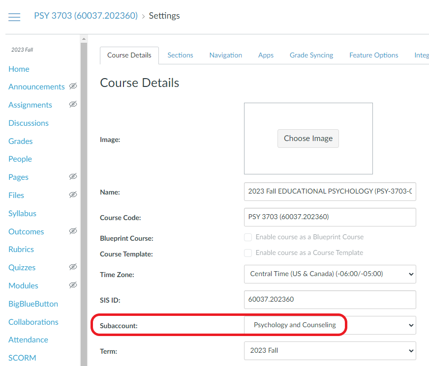 Location of the subaccount field on the Course Details page in the Settings for a course