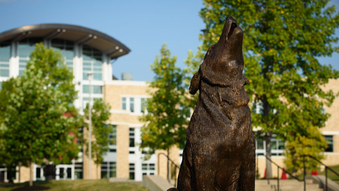 The red wolf statue Tiago is located at Aggie Circle on the A-State campus.