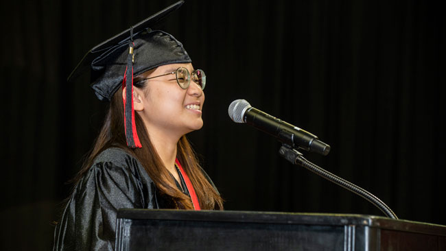 Hye Sun Choi speaks to the graduating class