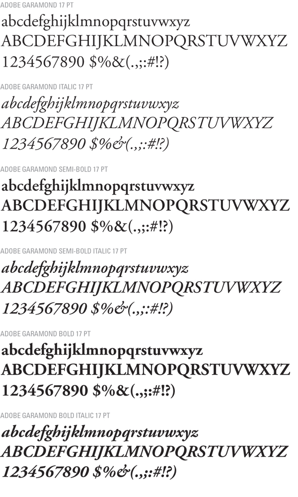 Adobe Garamond Font Family Examples