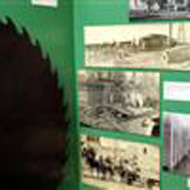 exhibit wall with large saw blade in the Living Off The Land exhibit