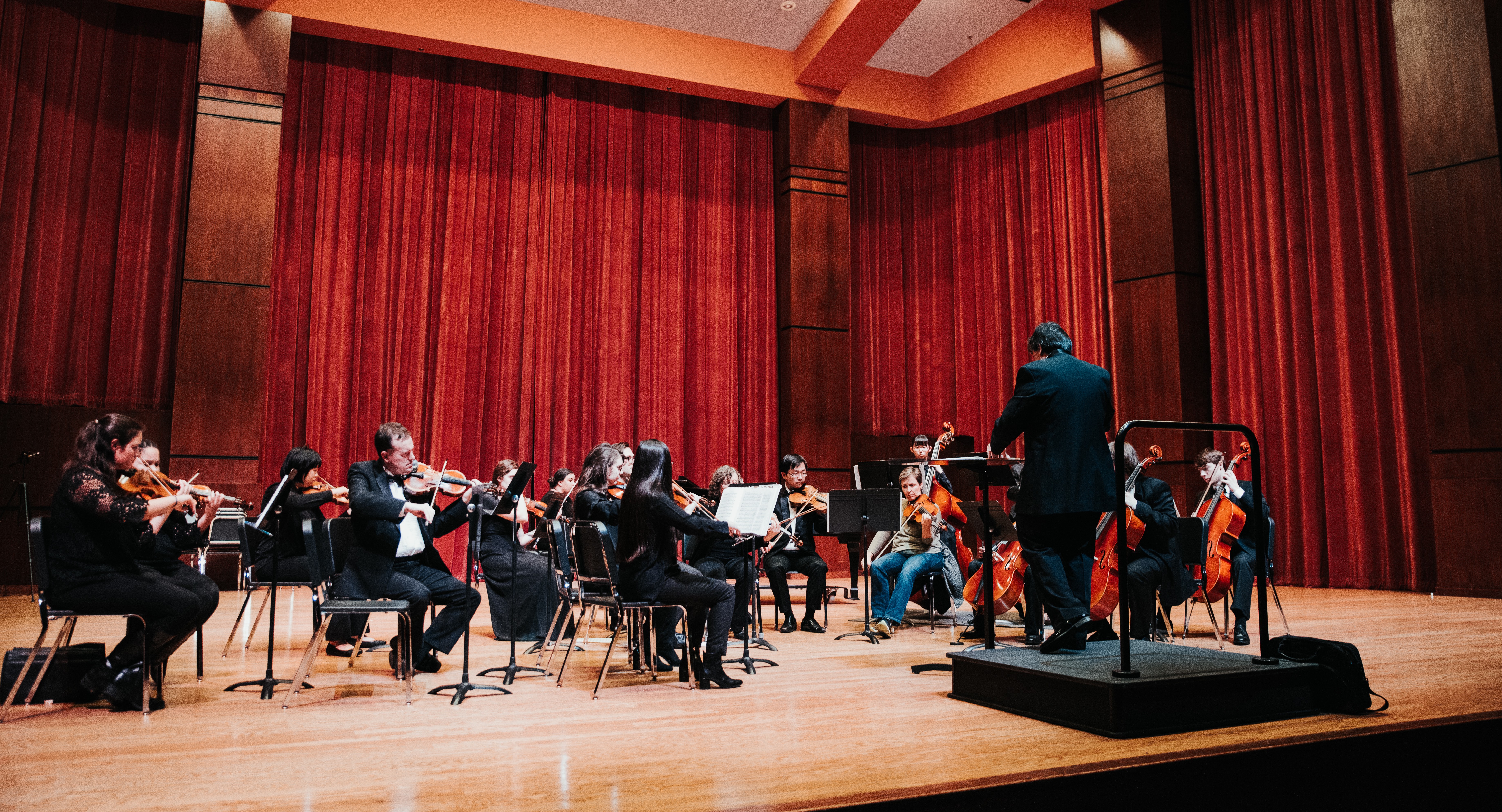 View of orchestra in Riceland Hall from the audience.