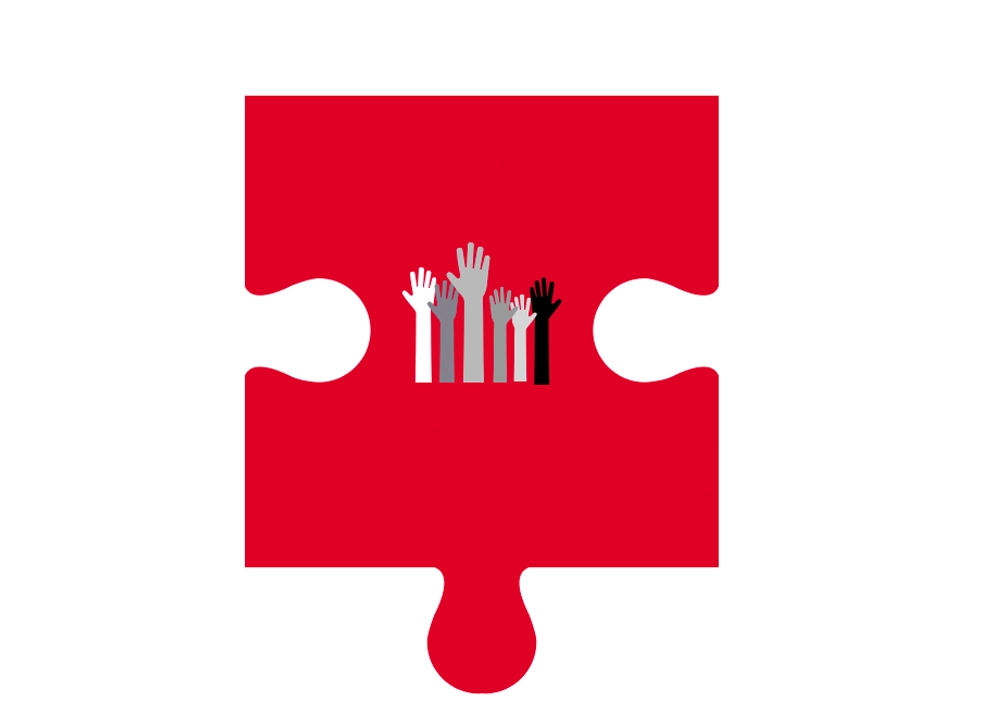 A red puzzle piece with hands of all different shades in the center.