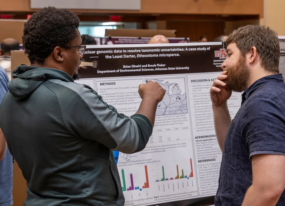 2025 create at astate students going over research presentation together.