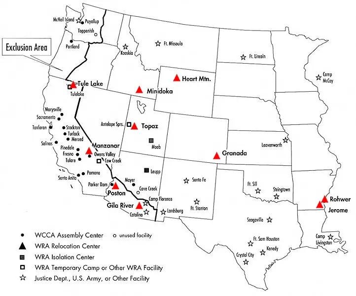 United States map of the WWII Japanese-American internment camps