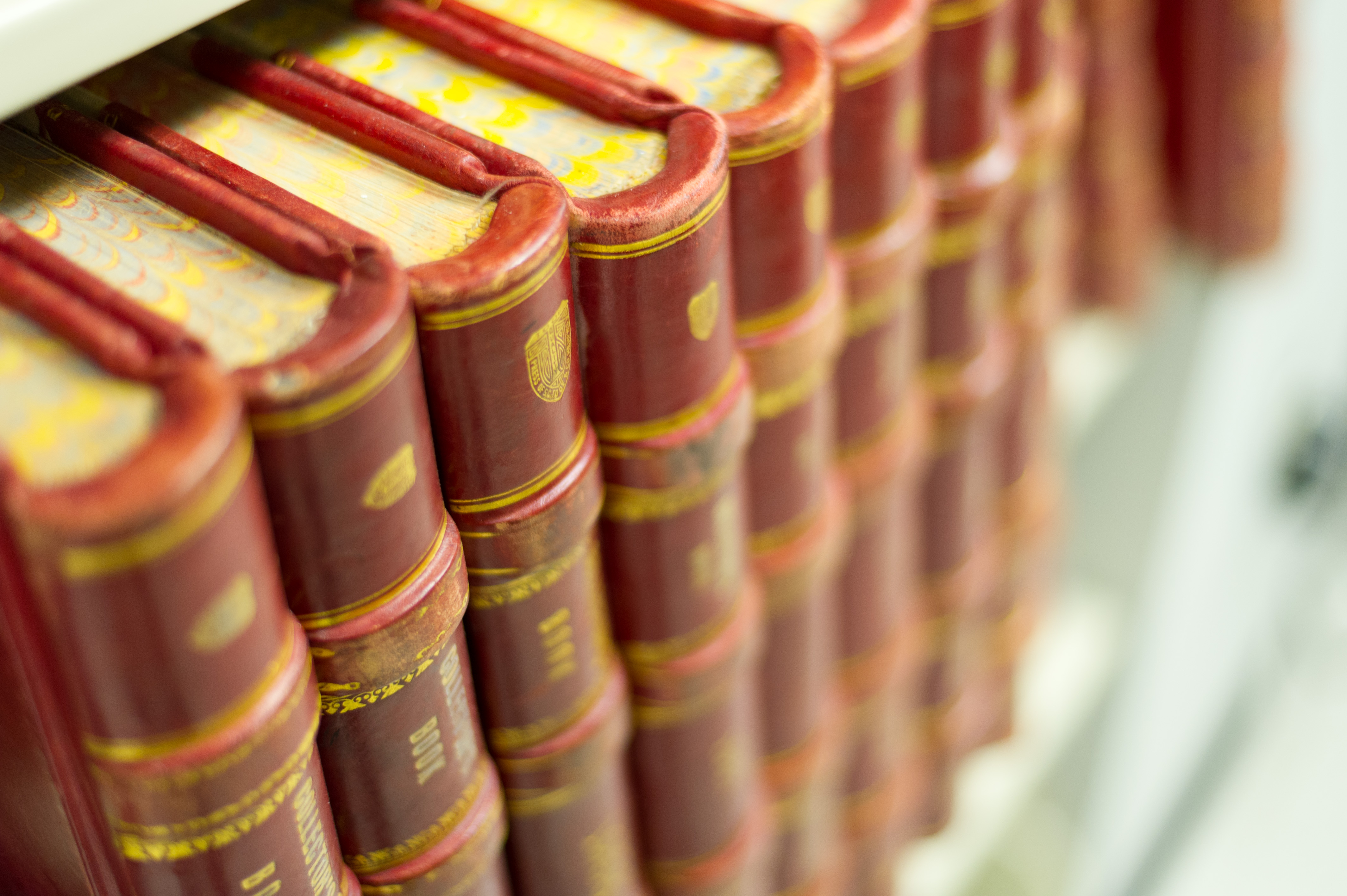 A close-up photo of a row of old red books