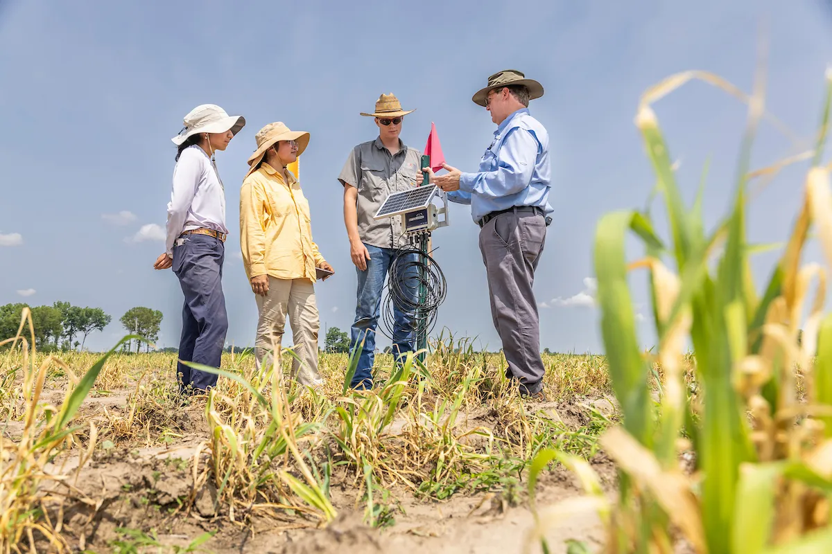 Group of agriculture students using solar-powered sensor in crop field.