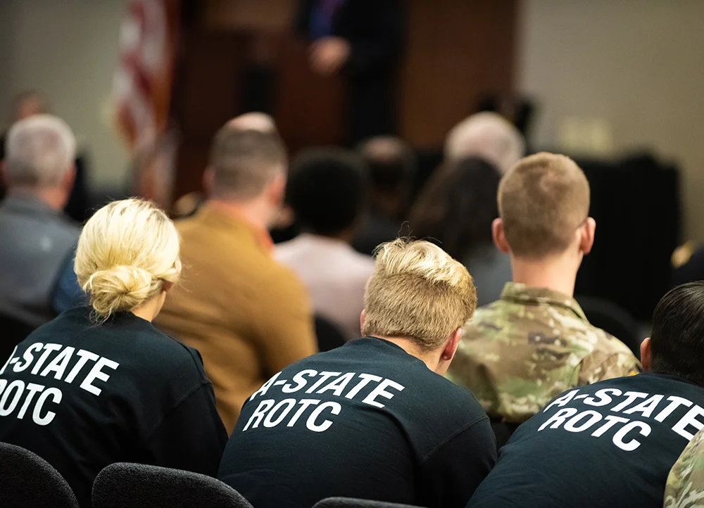 The backs of students' shirts reading "A-State ROTC"