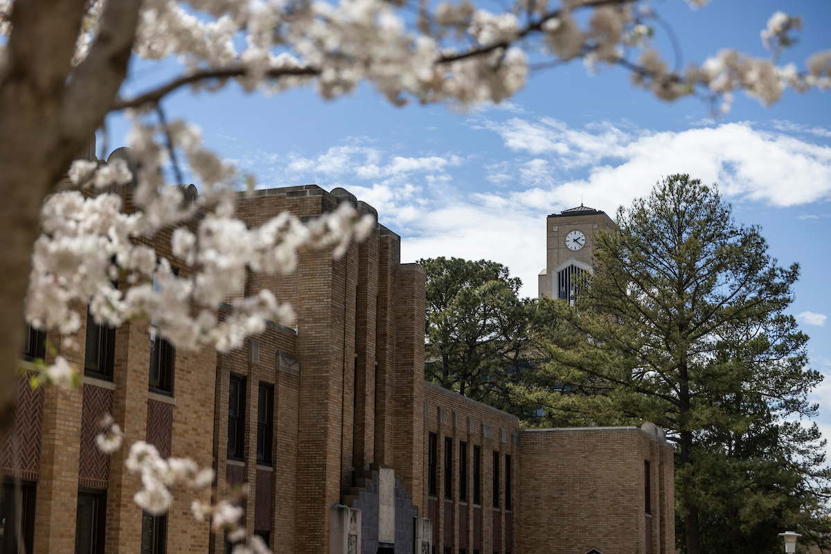 A-State clock tower framed by blooming trees on a bright spring day.