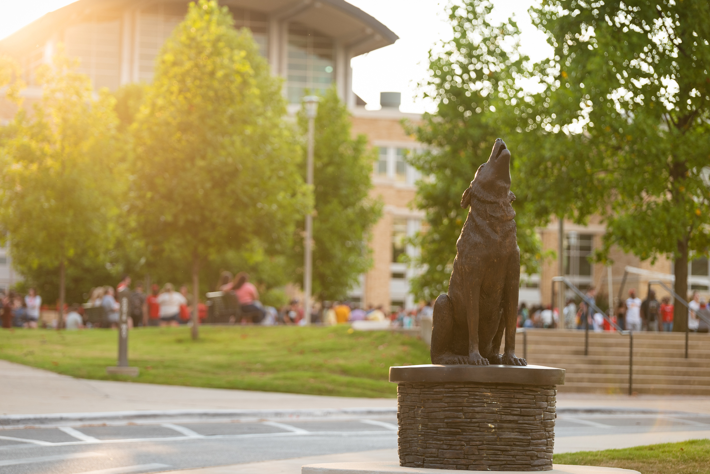 The howling wolf statue stands near campus greenspace during a golden sunset.