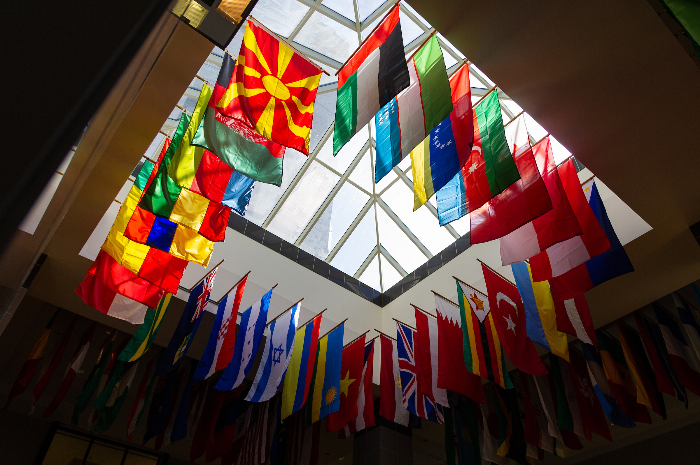 International flags hang in a square in the lobby of the A-State library.
