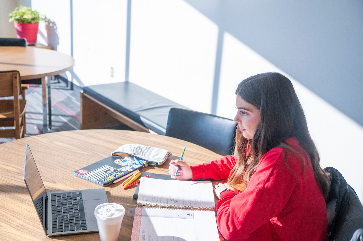 Student in red studies by window light with notebook and laptop.