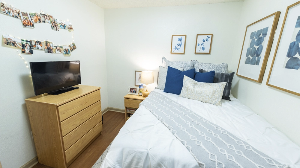 A neatly arranged bedroom with a white and gray comforter, blue pillows, and framed artwork. A dresser with a TV and string lights displaying photos adds a cozy feel.