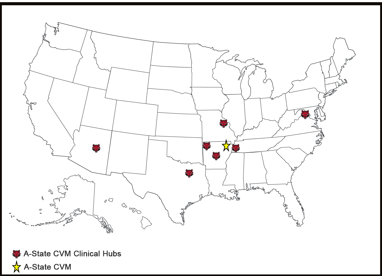 Map of United States with A-State CVM location and clinical partner locations