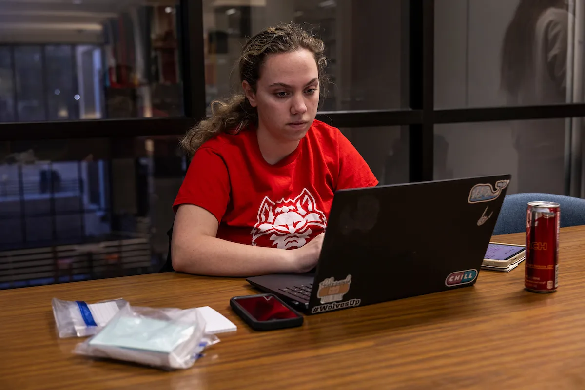 A student uses a private study room to prepare for final exams.