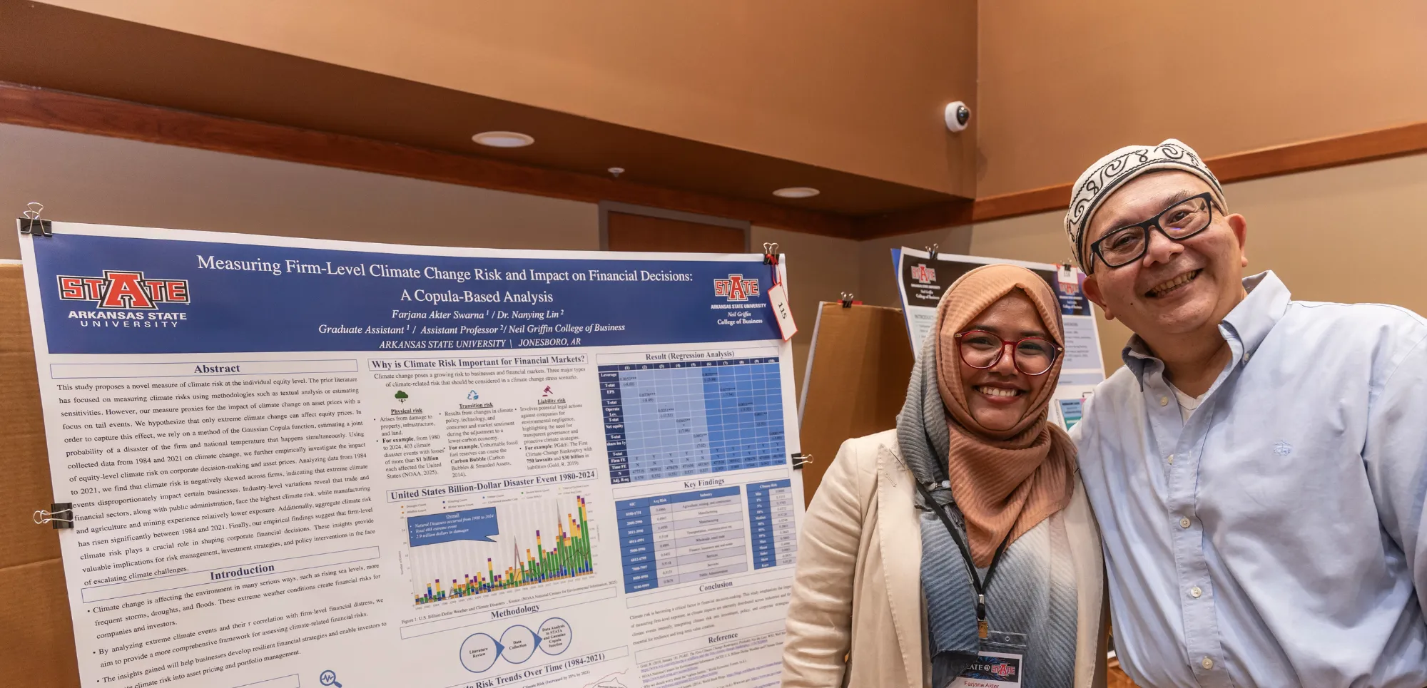 Graduate student presenting research on climate change effects in business.
