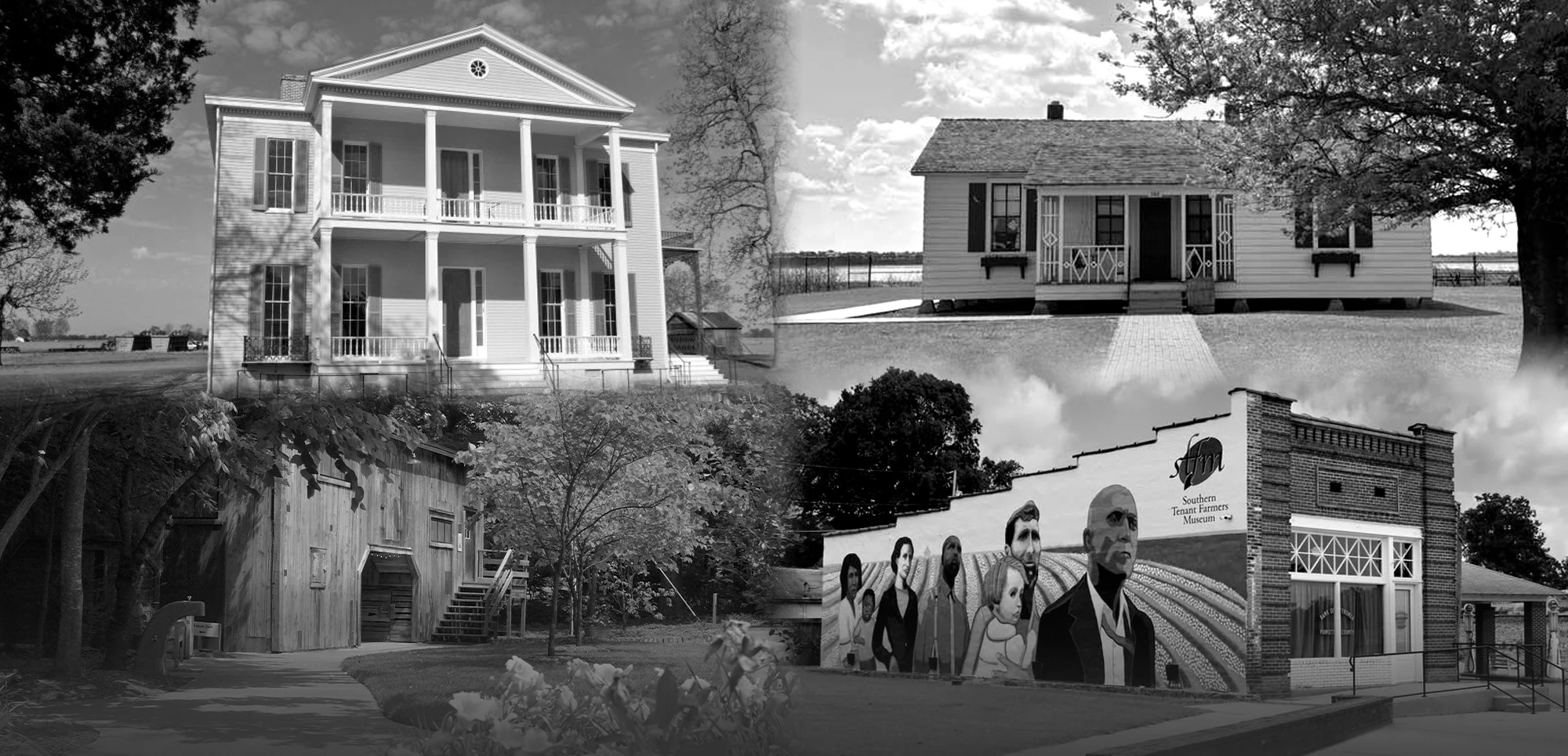 Black and white collage of all of the Arkansas Heritage Sites.