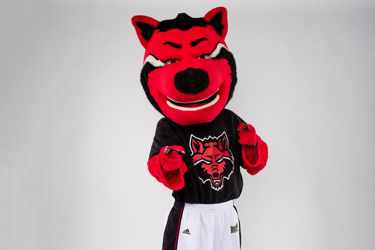 Howl, A-State’s Mascot, pointing right at the camera, meaning everyone should complete the FASFA application.