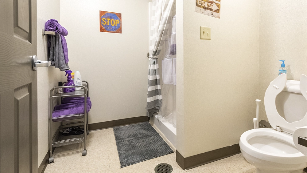 Bathroom with sink, mirror, and purple towels.