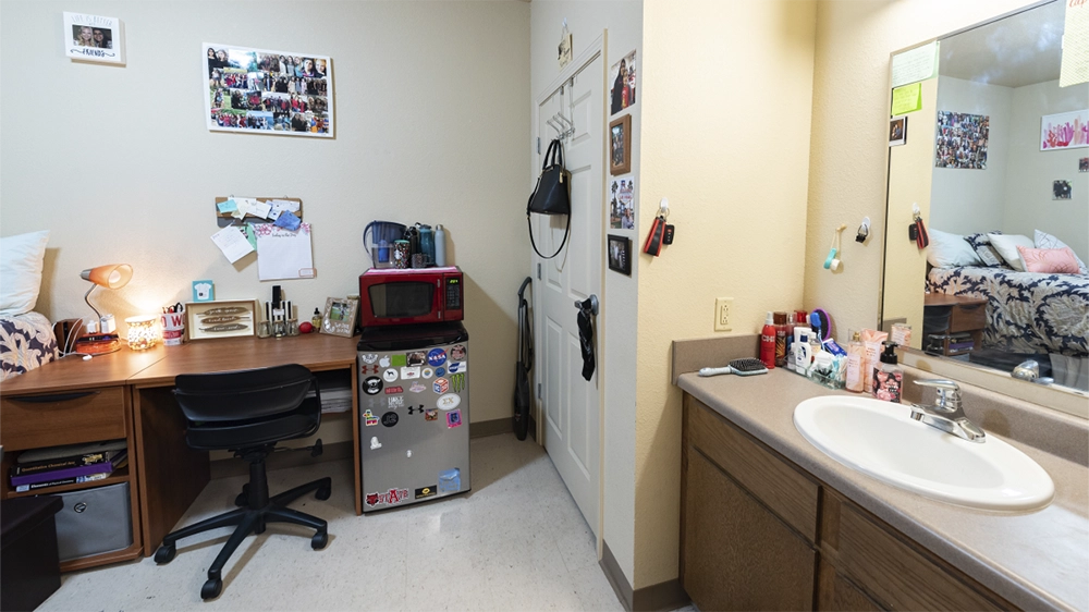 Bedroom corner with sink and vanity, desk with chair, mini fridge, and microwave.