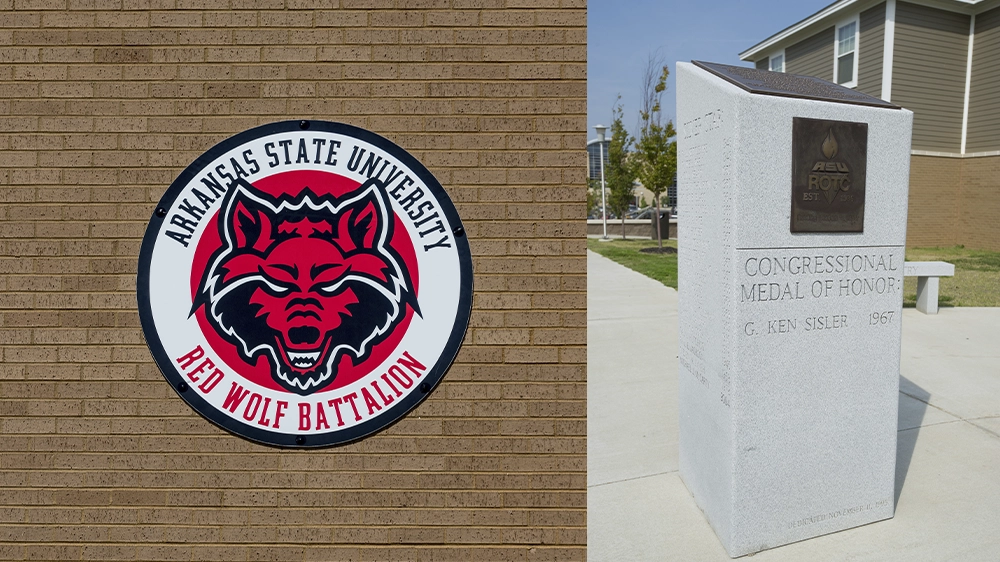Split image showing the Arkansas State University Red Wolf Battalion emblem mounted on a brick wall and a white stone monument engraved with ‘Congressional Medal of Honor G. Ken Sisler 1967’ and an ROTC plaque, located outdoors near campus buildings.
